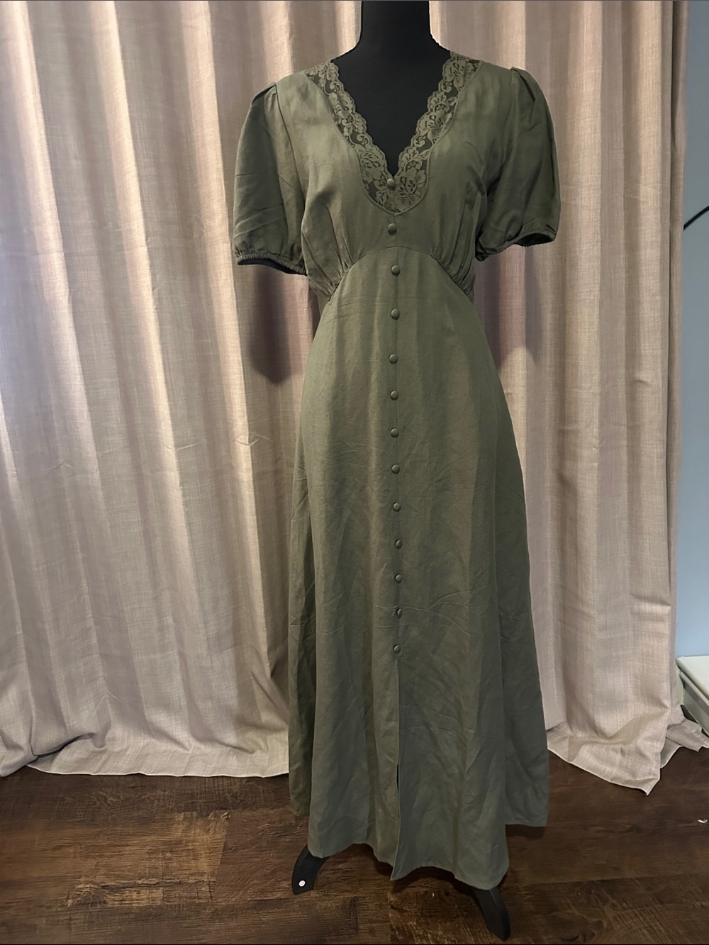 LOFT Olive Green Lace-Trim Maxi Dress